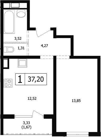 Продается 1-комн. квартира, 33.53 м²