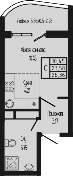 Продается 1-комн. квартира, 23.58 м²