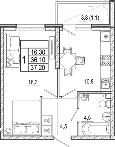 Продается 1-комн. квартира, 36.1 м²