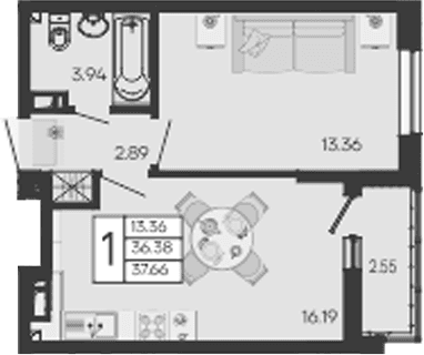 Продается 1-комн. квартира, 36.39 м²