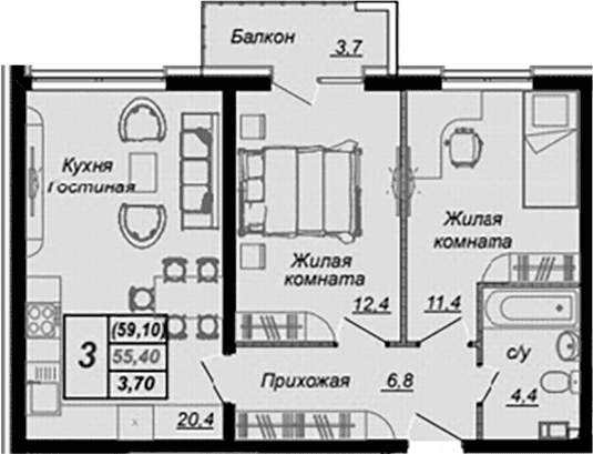 Продается 2-комн. квартира, 55.4 м²