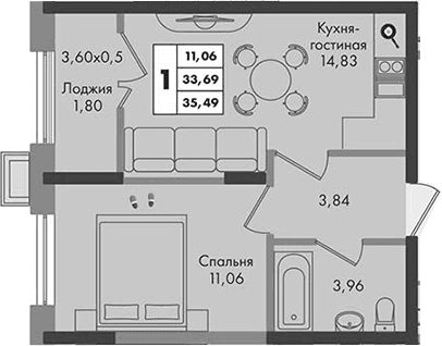 Продается 1-комн. квартира, 33.69 м²