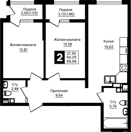 Продается 2-комн. квартира, 65.29 м²