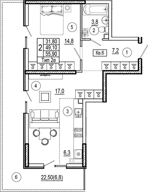 Продается 1-комн. квартира, 49.1 м²