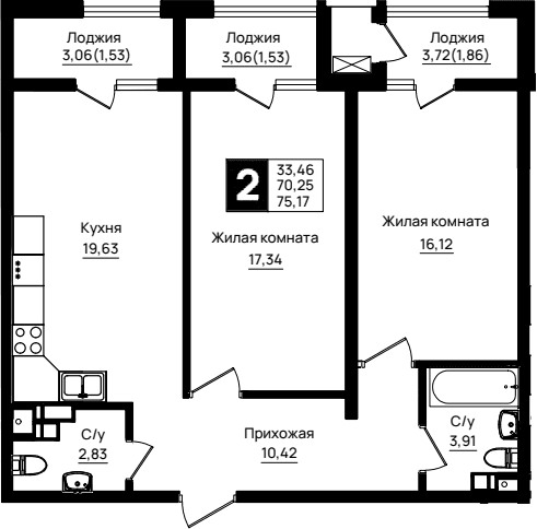 Продается 2-комн. квартира, 70.25 м²