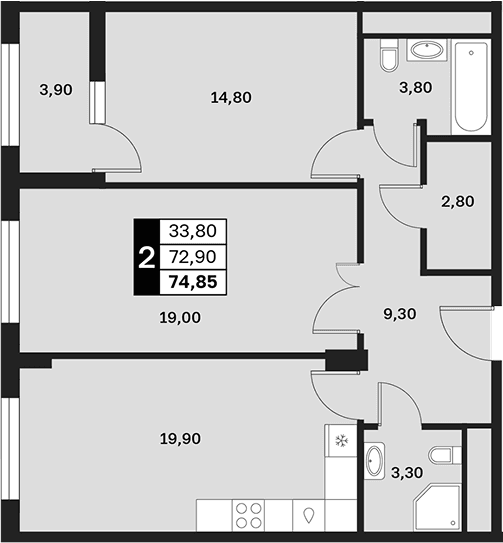Продается 2-комн. квартира, 72.9 м²
