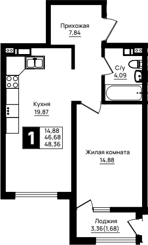 Продается 1-комн. квартира, 46.68 м²