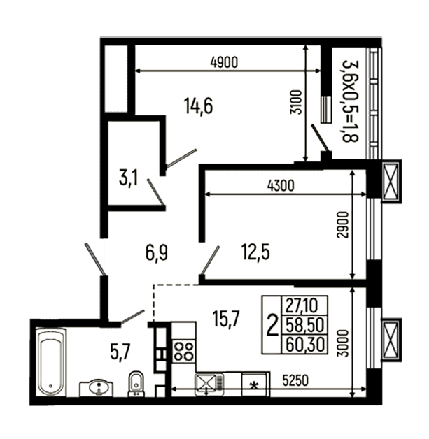 Продается 2-комн. квартира, 58.5 м²