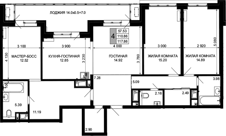 Продается 4-комн. квартира, 110.86 м²