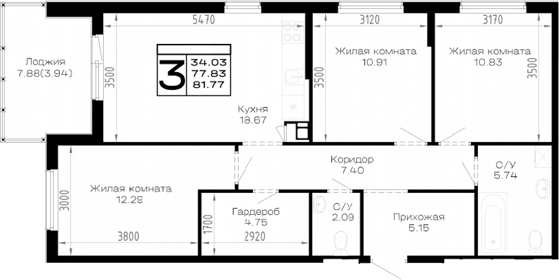 Продается 3-комн. квартира, 77.83 м²