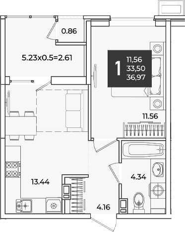 Продается 1-комн. квартира, 33.5 м²
