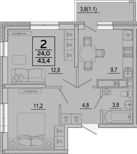 Продается 2-комн. квартира, 42.3 м²