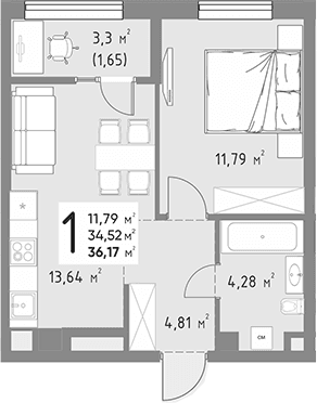 Продается 1-комн. квартира, 34.52 м²