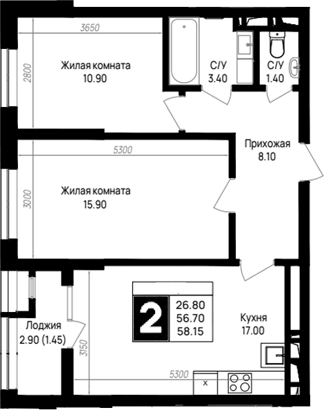 Продается 2-комн. квартира, 56.7 м²