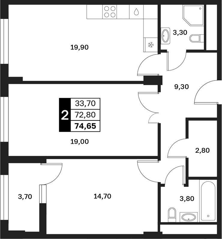 Продается 2-комн. квартира, 72.8 м²