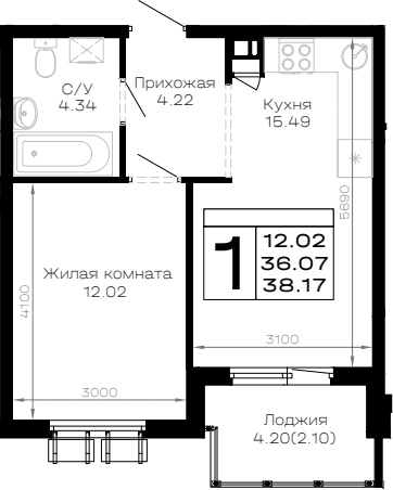 Продается 1-комн. квартира, 36.07 м²