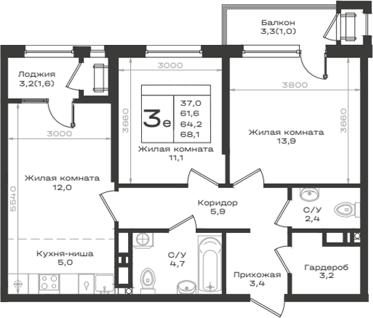 Продается 3-комн. квартира, 61.6 м²