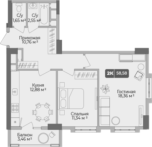 Продается 2-комн. квартира, 57.51 м²