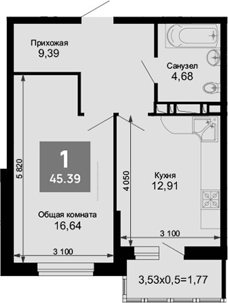 Продается 1-комн. квартира, 44.09 м²