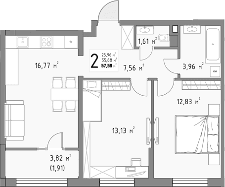 Продается 2-комн. квартира, 55.68 м²