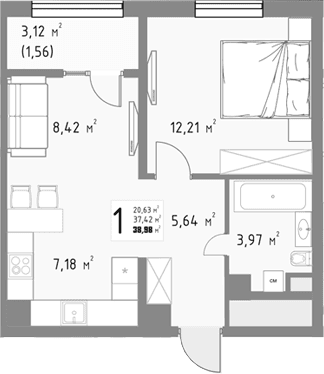 Продается 1-комн. квартира, 37.42 м²