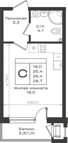 Продается 1-комн. квартира, 25.4 м²