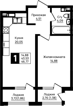 Продается 1-комн. квартира, 43.53 м²
