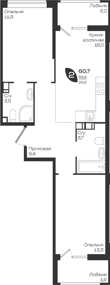 Продается 2-комн. квартира, 56.8 м²
