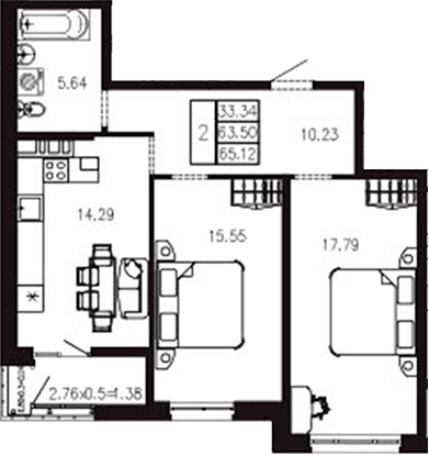 Продается 2-комн. квартира, 63.72 м²