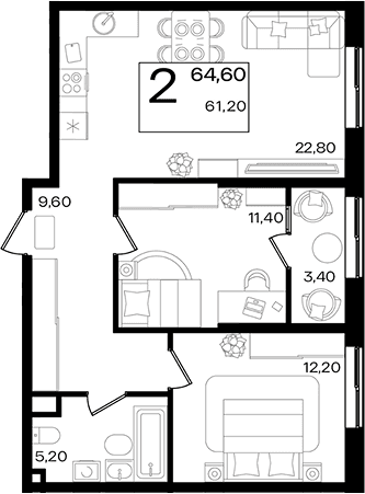 Продается 3-комн. квартира, 61.2 м²