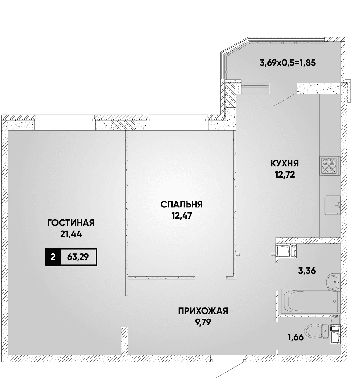 Продается 2-комн. квартира, 61.44 м²