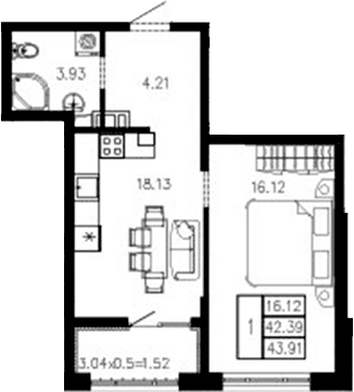 Продается 1-комн. квартира, 42.38 м²