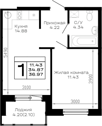 Продается 1-комн. квартира, 34.87 м²