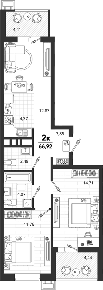 Продается 2-комн. квартира, 58.07 м²