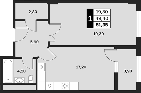 Продается 1-комн. квартира, 49.4 м²