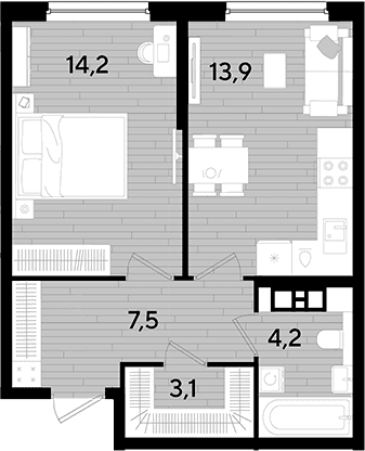 Продается 1-комн. квартира, 42.9 м²