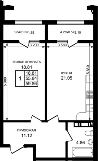 Продается 1-комн. квартира, 55.84 м²