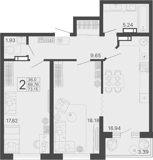 Продается 2-комн. квартира, 69.76 м²