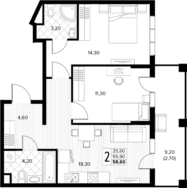 Продается 2-комн. квартира, 55.9 м²