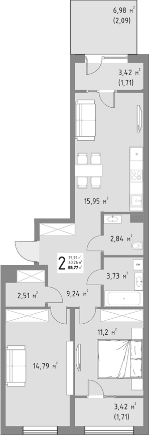 Продается 2-комн. квартира, 60.26 м²