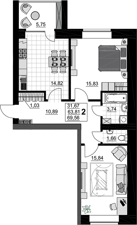 Продается 2-комн. квартира, 63.81 м²