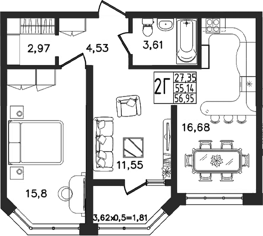 Продается 3-комн. квартира, 55.14 м²