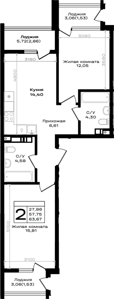 Продается 2-комн. квартира, 57.75 м²