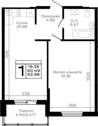 Продается 1-комн. квартира, 50.49 м²