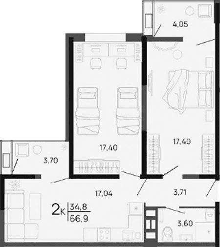 Продается 2-комн. квартира, 58.15 м²