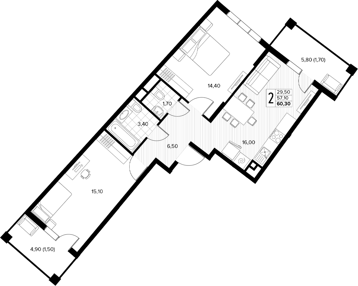 Продается 2-комн. квартира, 57.1 м²