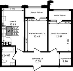 Продается 2-комн. квартира, 59.57 м²