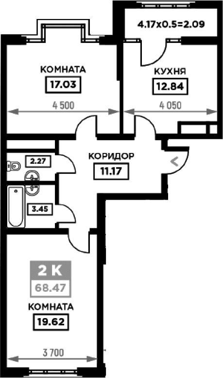 Продается 2-комн. квартира, 66.38 м²