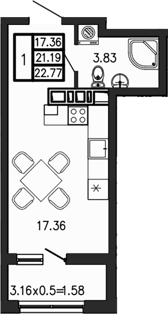 Продается 1-комн. квартира, 21.19 м²
