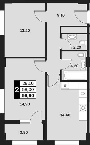 Продается 2-комн. квартира, 58 м²